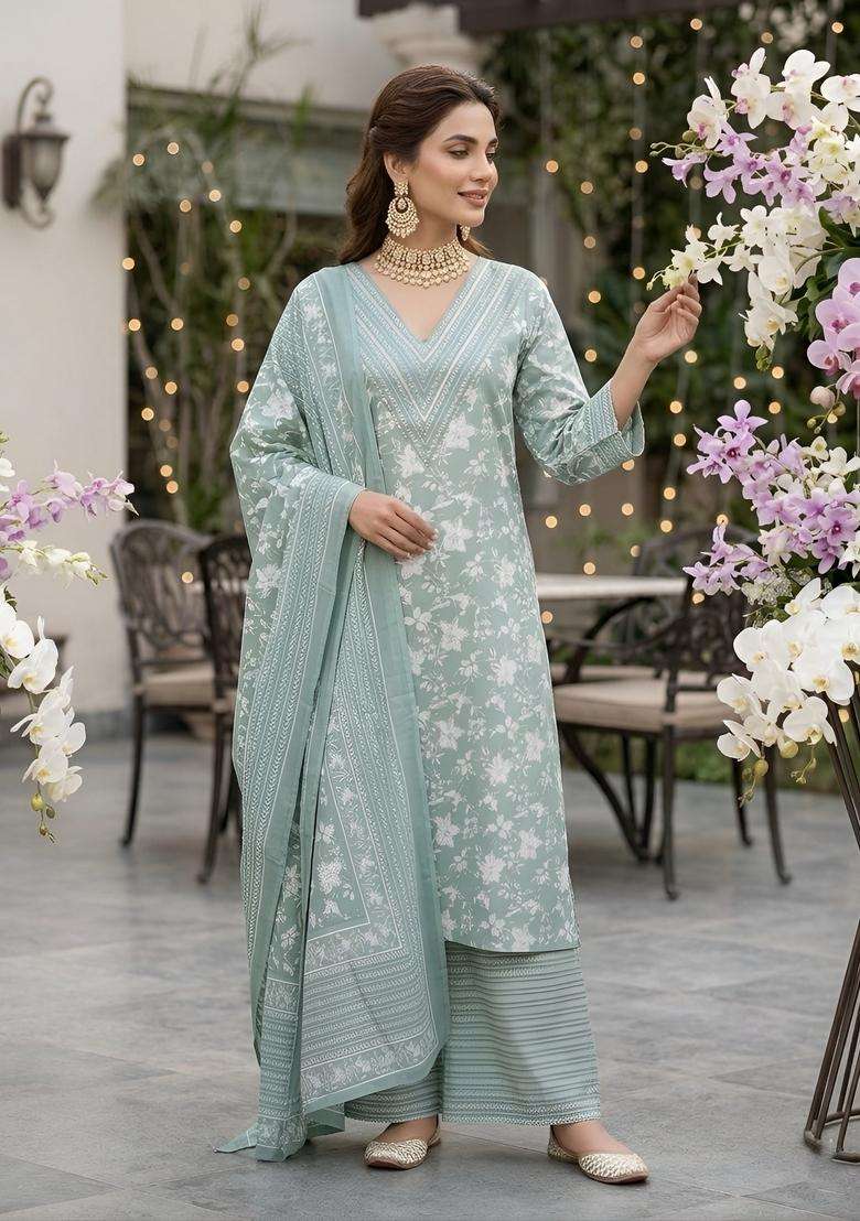 Green Printed Cotton Kurta Set - Indya