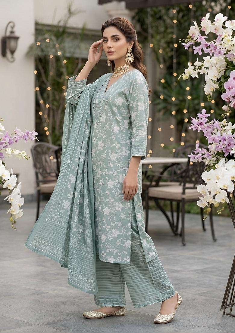 Green Printed Cotton Kurta Set - Indya