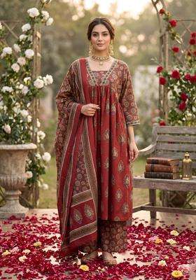 Maroon Printed Cotton Kurta Set