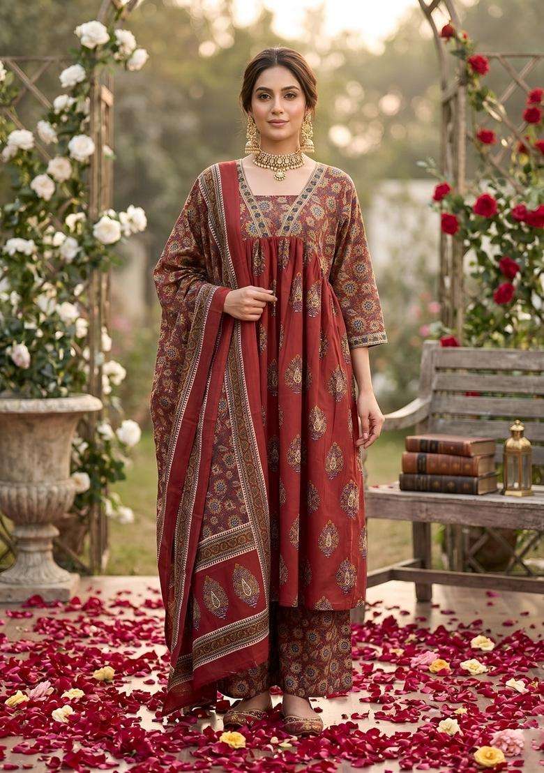 Maroon Printed Cotton Kurta Set - Indya