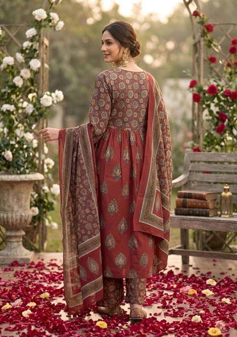 Maroon Printed Cotton Kurta Set - Indya
