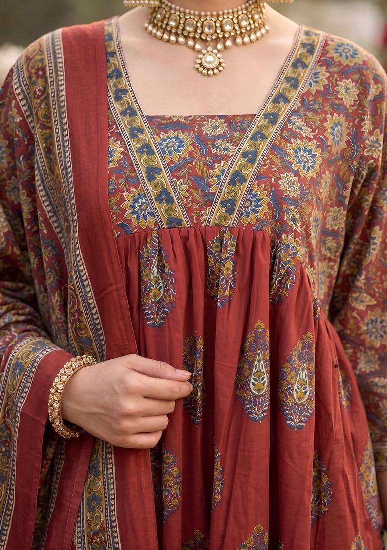 Maroon Printed Cotton Kurta Set - Indya