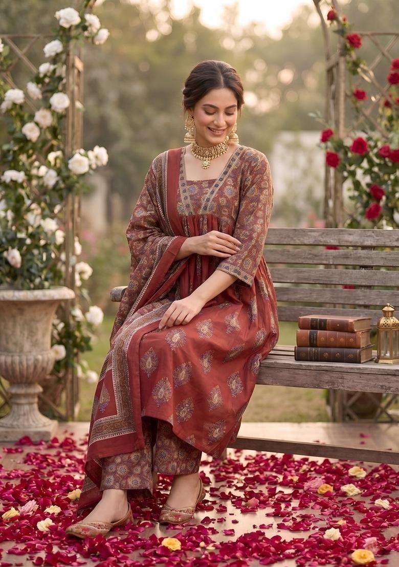 Maroon Printed Cotton Kurta Set - Indya