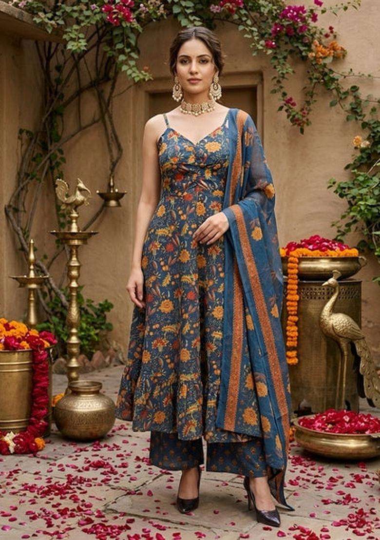 Teal Blue Printed Cotton Kurta Set - Indya