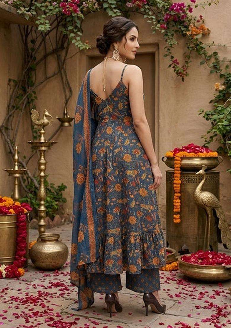 Teal Blue Printed Cotton Kurta Set - Indya