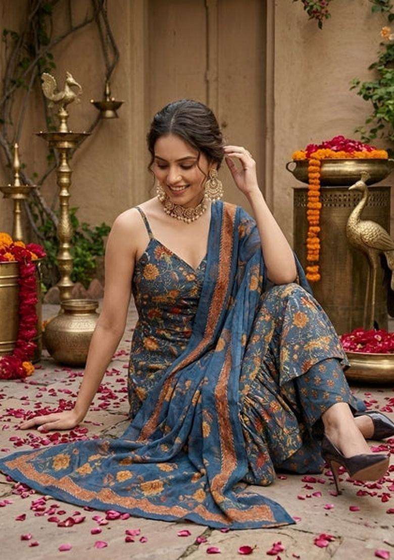 Teal Blue Printed Cotton Kurta Set - Indya