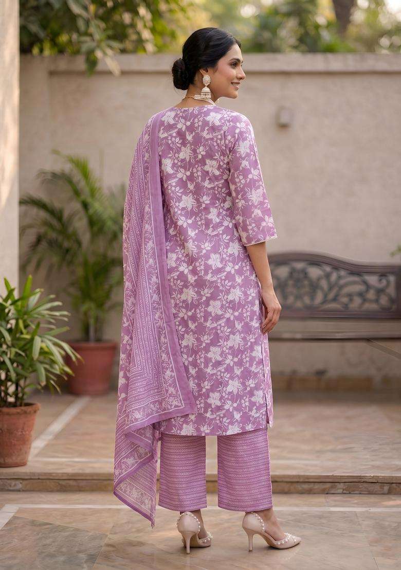 Lavender Printed Cotton Kurta Set - Indya