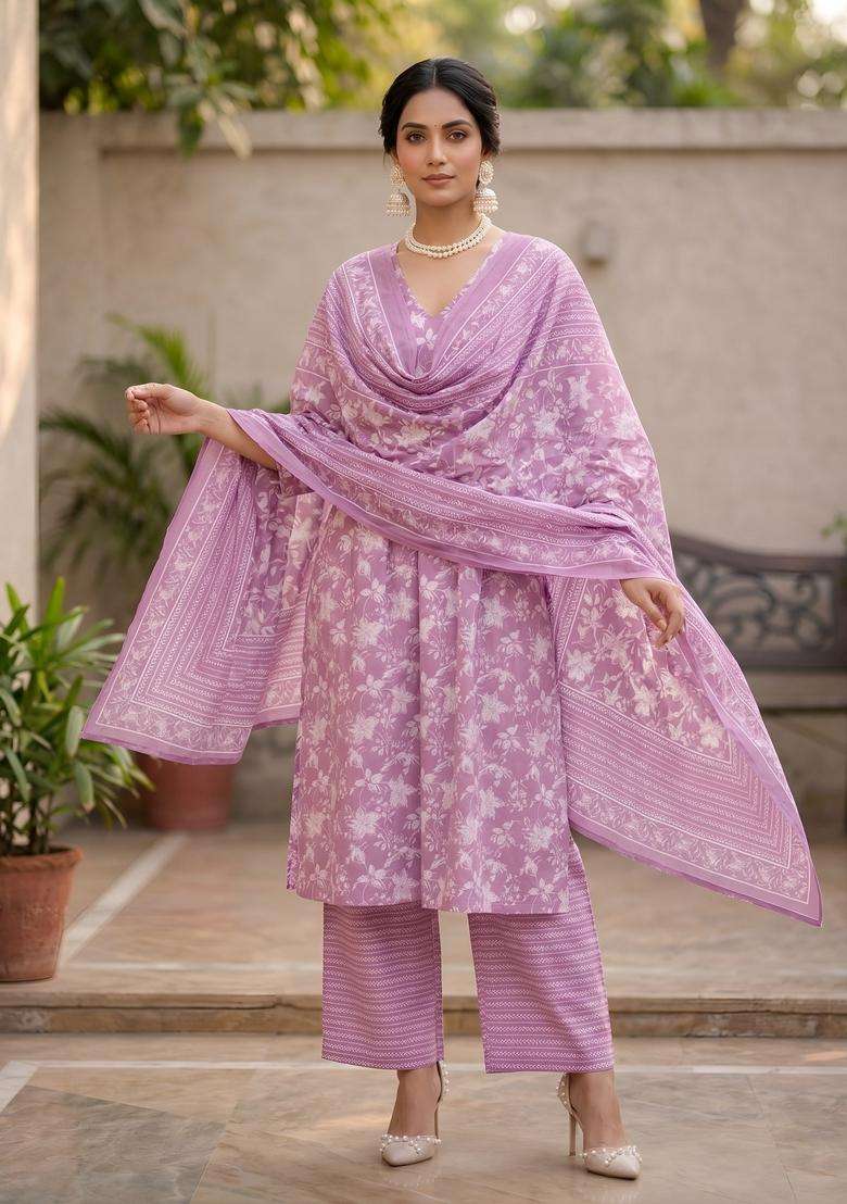 Lavender Printed Cotton Kurta Set - Indya