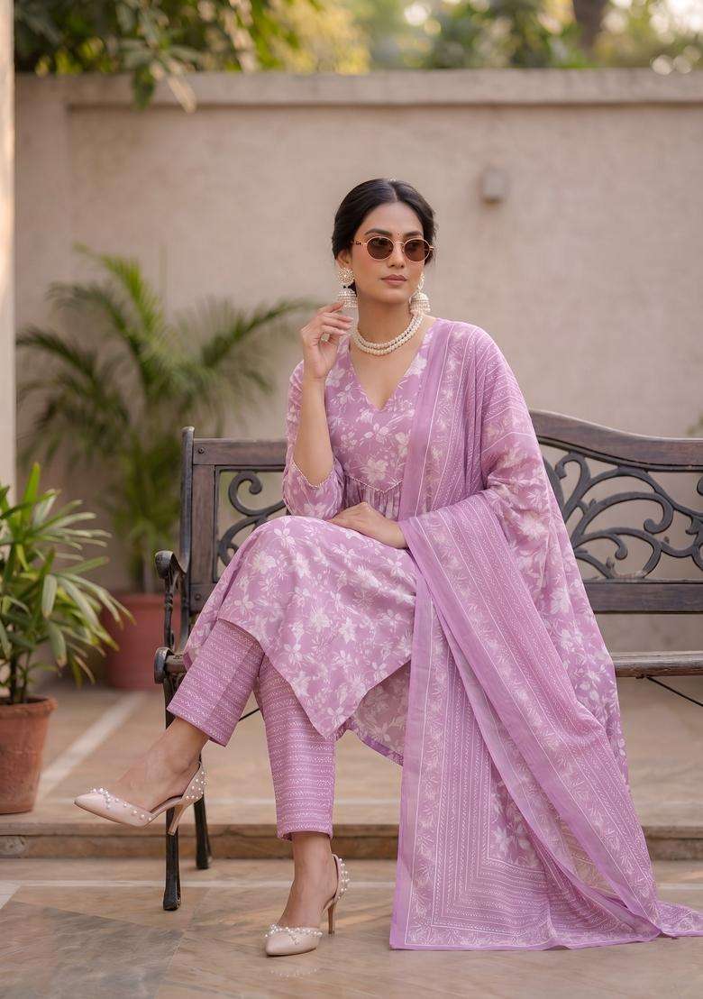 Lavender Printed Cotton Kurta Set - Indya