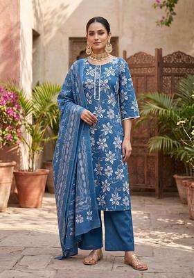 Blue Printed Cotton Kurta Set