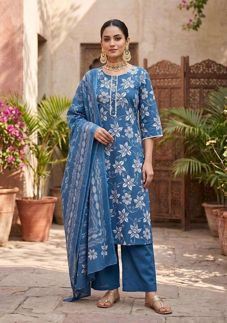 Blue Printed Cotton Kurta Set - Indya
