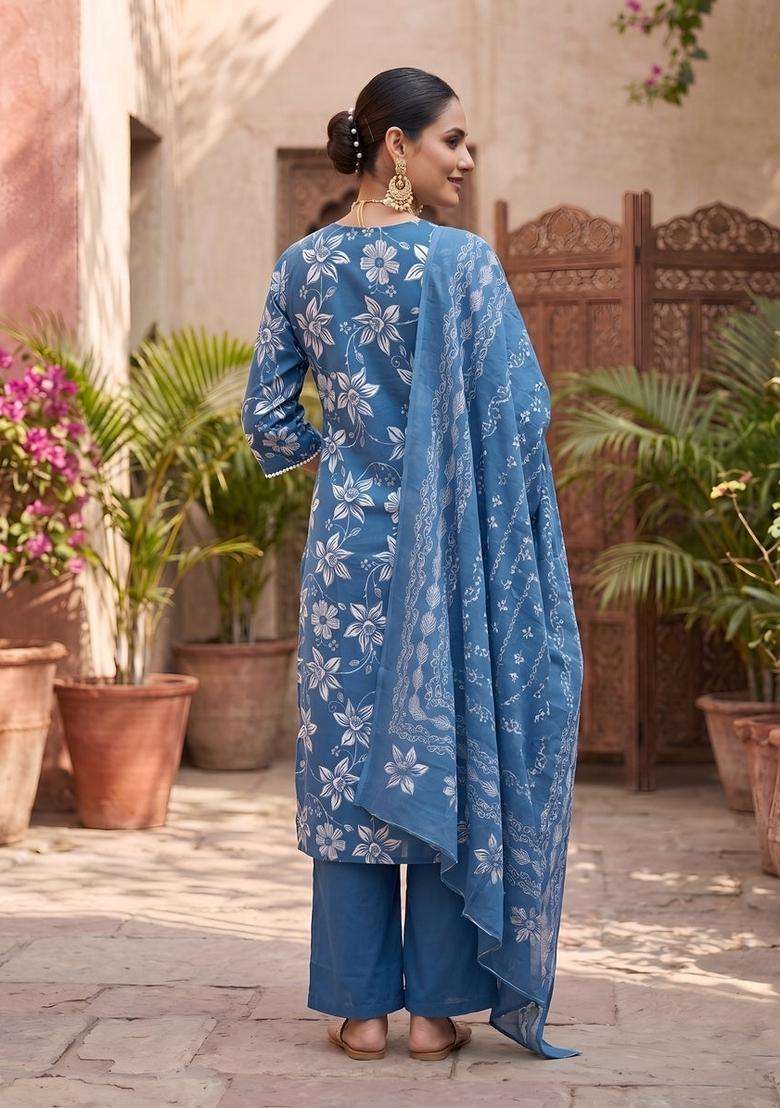 Blue Printed Cotton Kurta Set - Indya