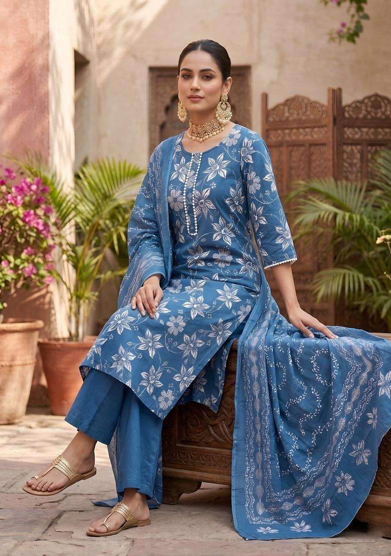 Blue Printed Cotton Kurta Set - Indya