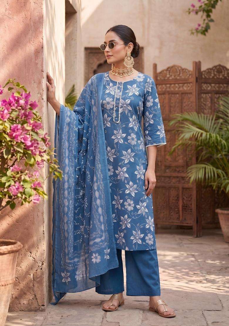 Blue Printed Cotton Kurta Set - Indya