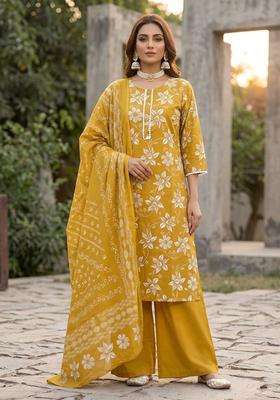 Yellow Printed Cotton Kurta Set