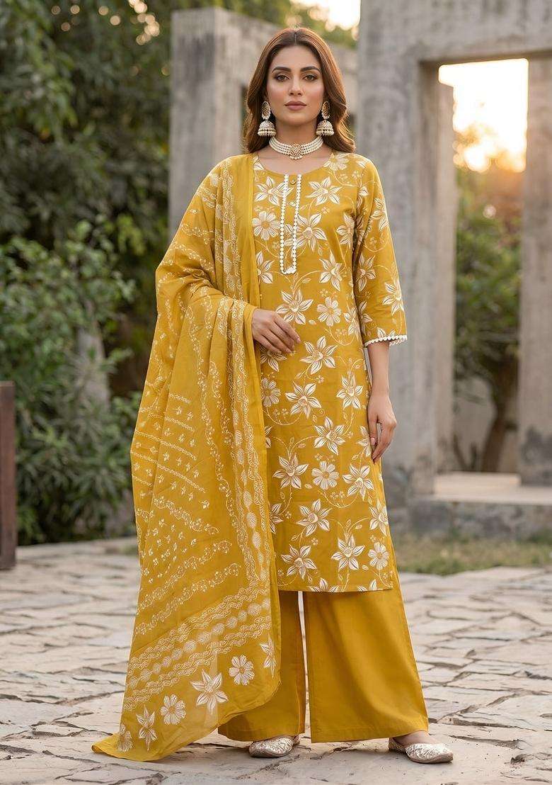 Yellow Printed Cotton Kurta Set - Indya