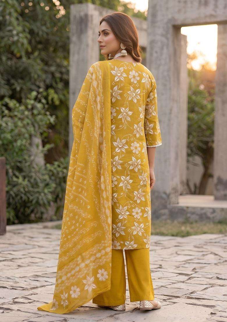 Yellow Printed Cotton Kurta Set - Indya
