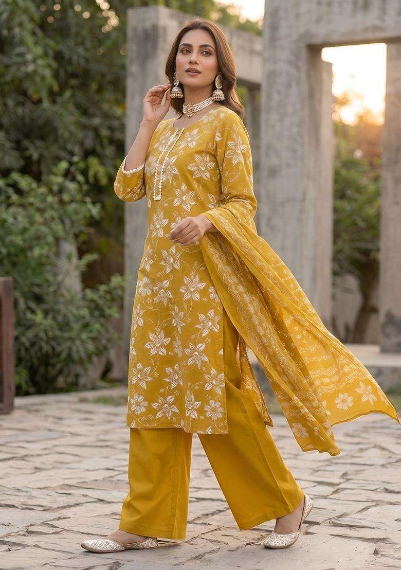 Yellow Printed Cotton Kurta Set - Indya