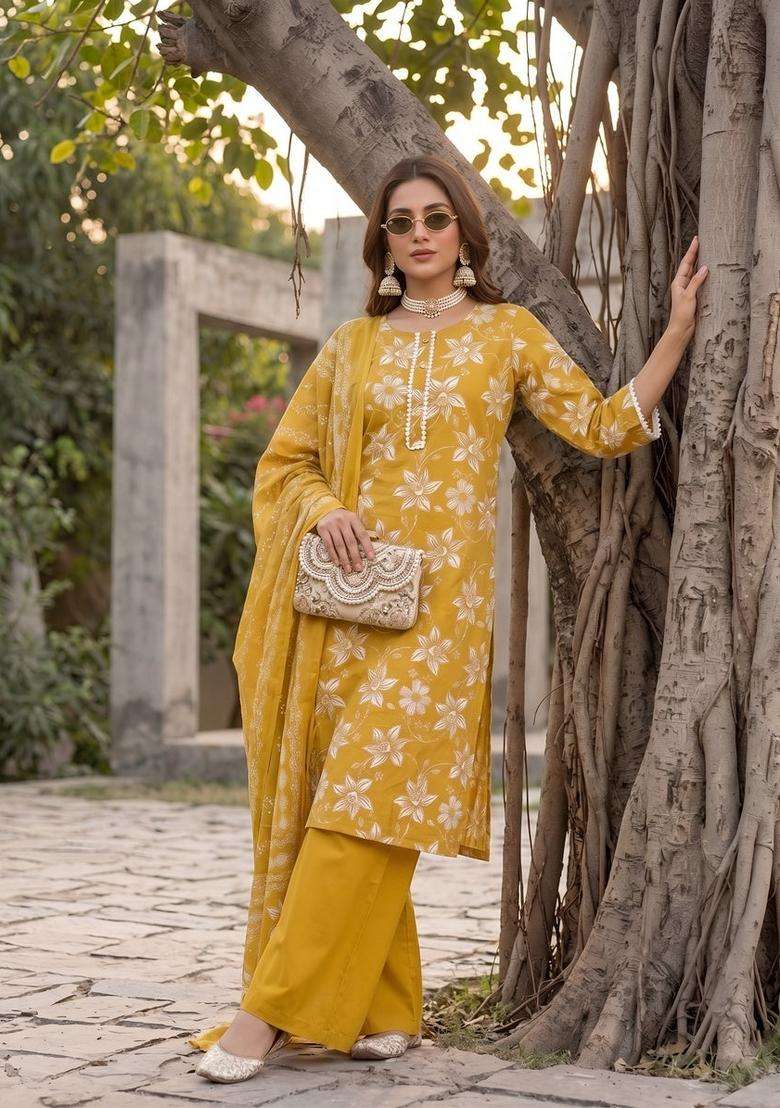 Yellow Printed Cotton Kurta Set - Indya