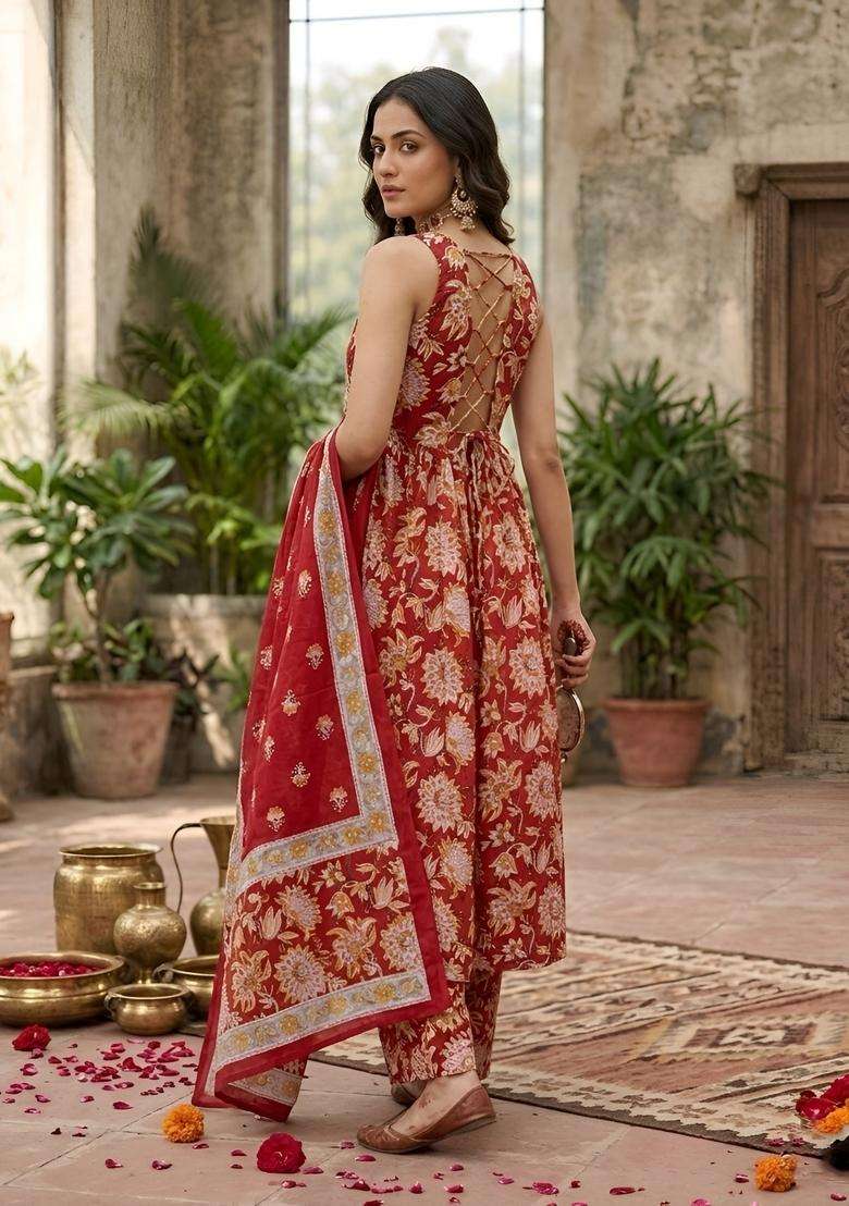 Red Printed Cotton Kurta Set - Indya