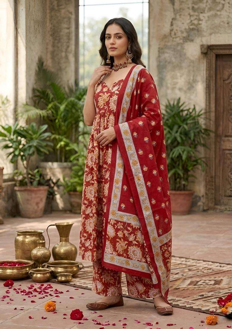 Red Printed Cotton Kurta Set - Indya