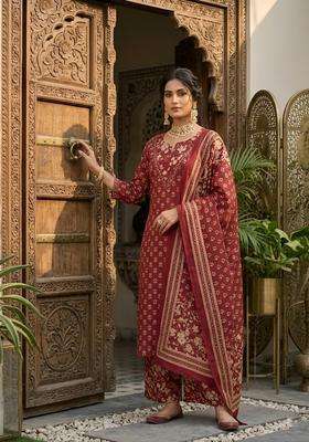 Maroon Printed Cotton Kurta Set