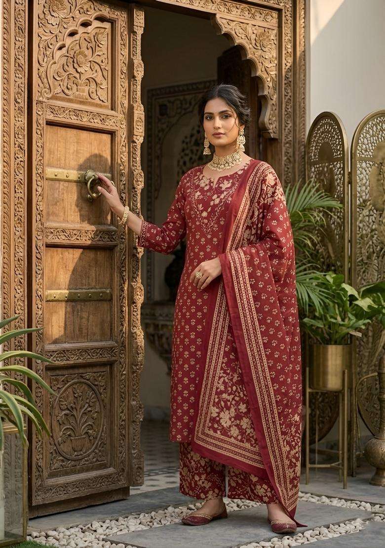 Maroon Printed Cotton Kurta Set - Indya