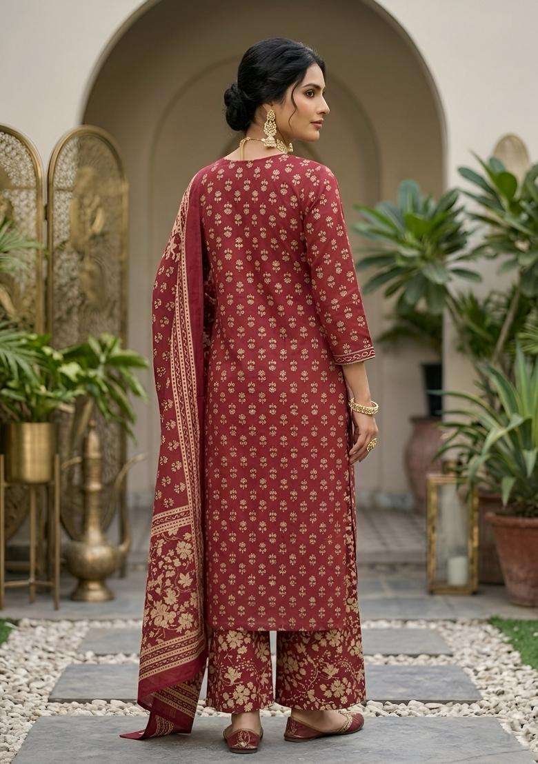 Maroon Printed Cotton Kurta Set - Indya
