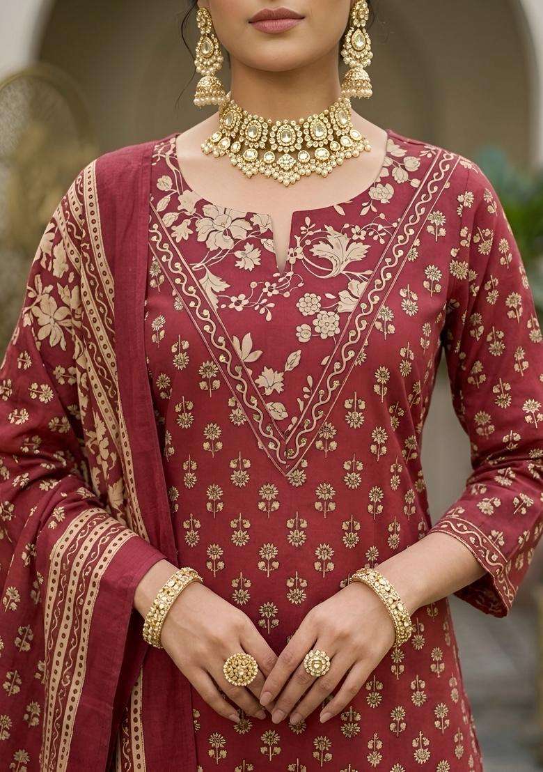Maroon Printed Cotton Kurta Set - Indya