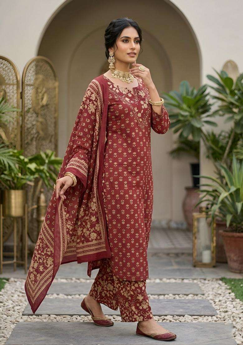 Maroon Printed Cotton Kurta Set - Indya