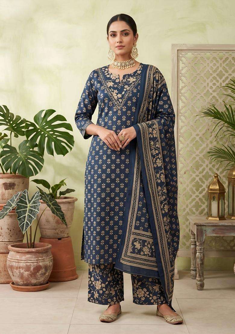 Blue Printed Cotton Kurta Set - Indya