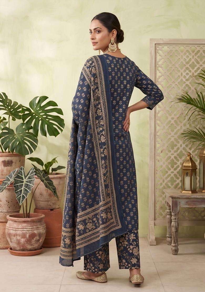 Blue Printed Cotton Kurta Set - Indya