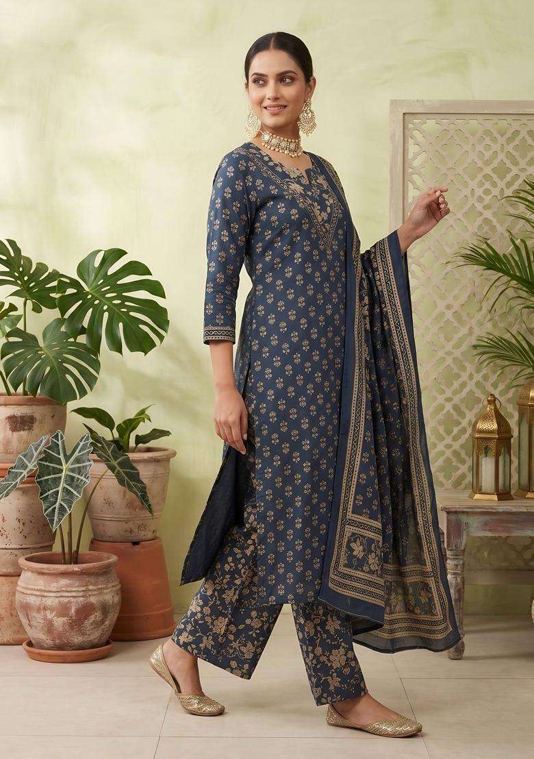 Blue Printed Cotton Kurta Set - Indya