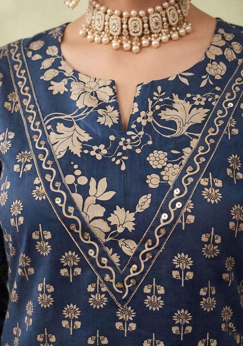 Blue Printed Cotton Kurta Set - Indya