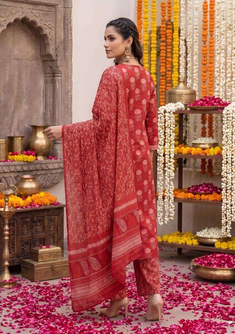 Red Printed Cotton Kurta Set - Indya