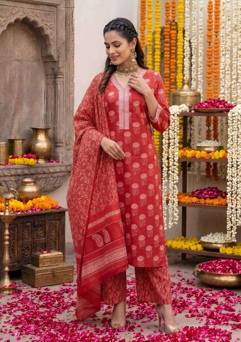 Red Printed Cotton Kurta Set - Indya