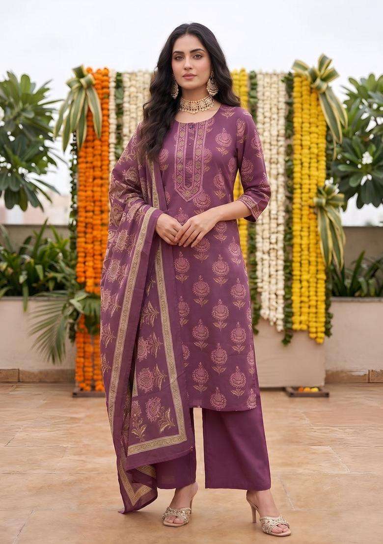 Burgundy Printed Cotton Kurta Set - Indya