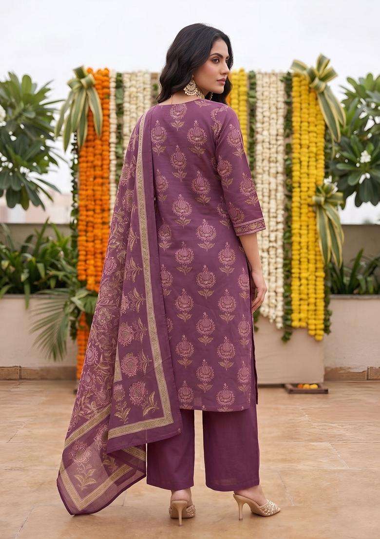 Burgundy Printed Cotton Kurta Set - Indya