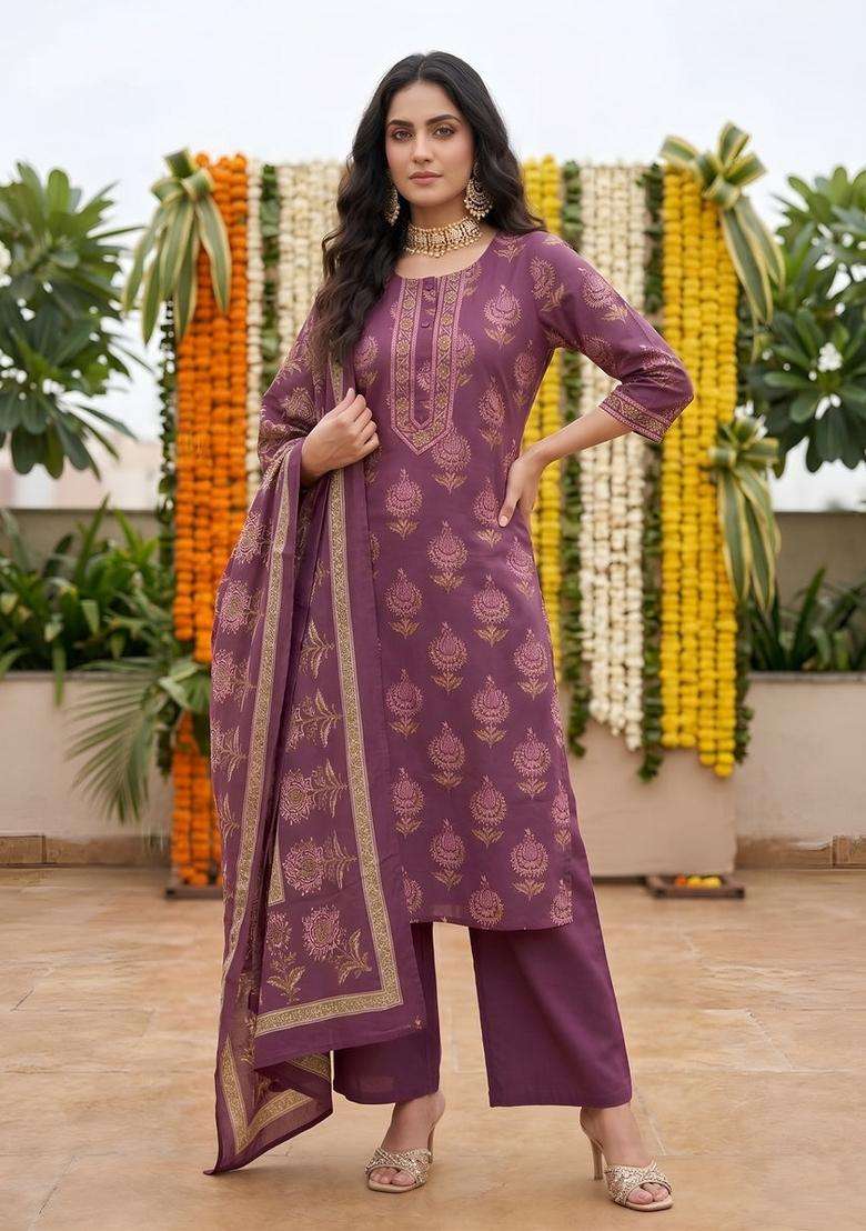 Burgundy Printed Cotton Kurta Set - Indya