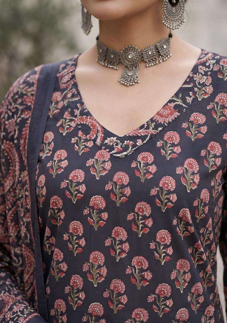 Blue Printed Cotton Kurta Set - Indya