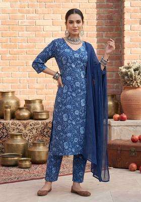 Blue Printed Cotton Kurta Set