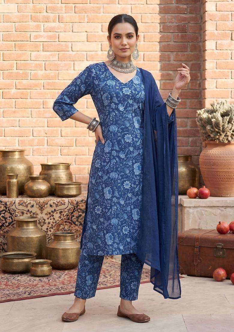 Blue Printed Cotton Kurta Set - Indya