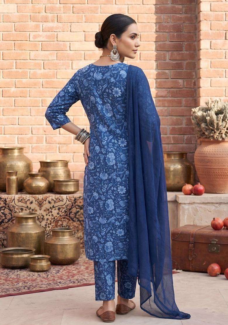 Blue Printed Cotton Kurta Set - Indya