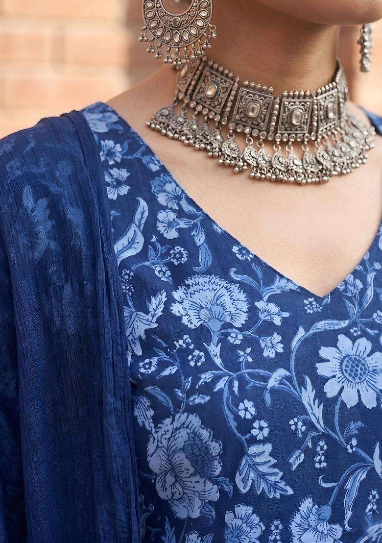 Blue Printed Cotton Kurta Set - Indya