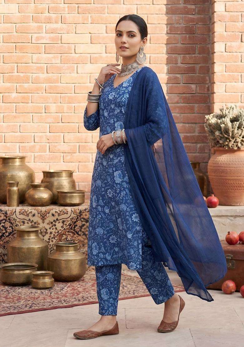 Blue Printed Cotton Kurta Set - Indya