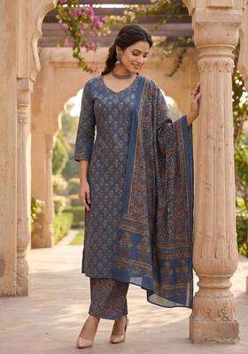 Blue Printed Cotton Kurta Set