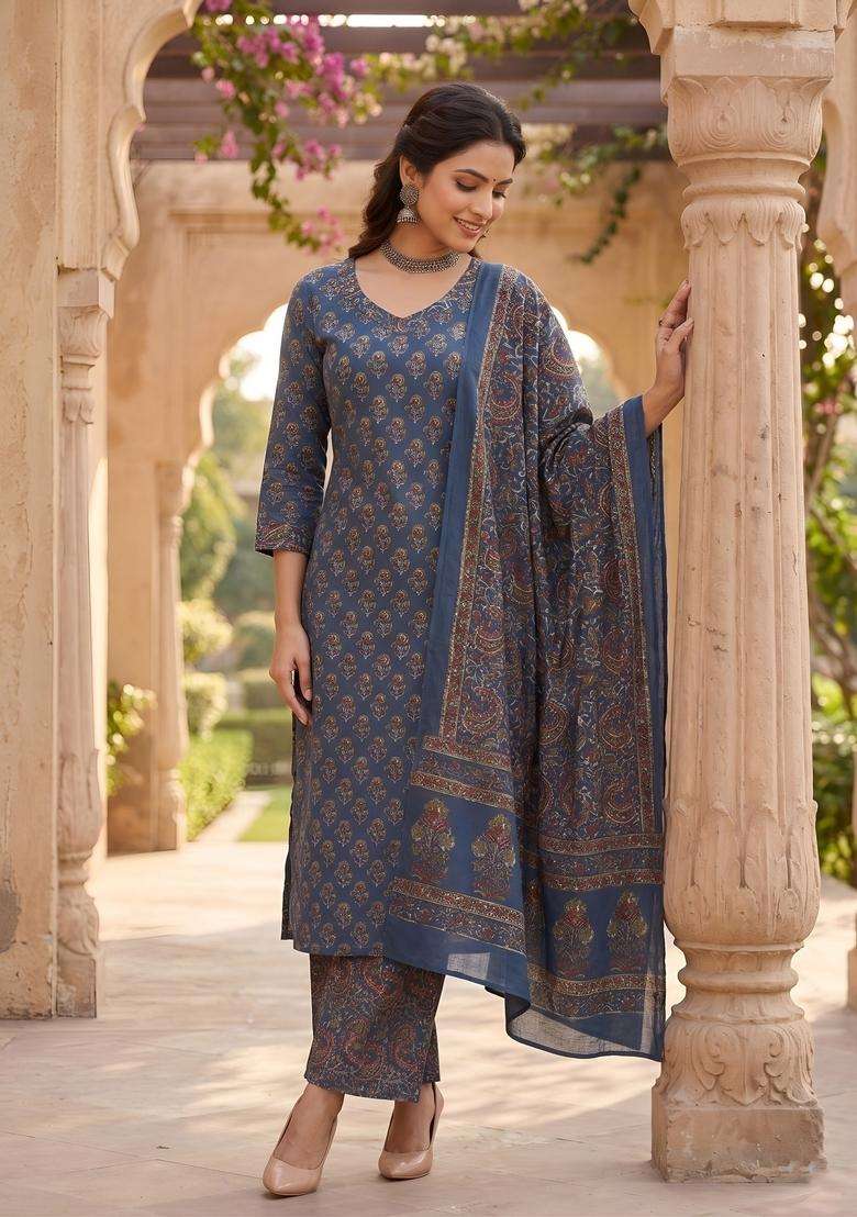 Blue Printed Cotton Kurta Set - Indya