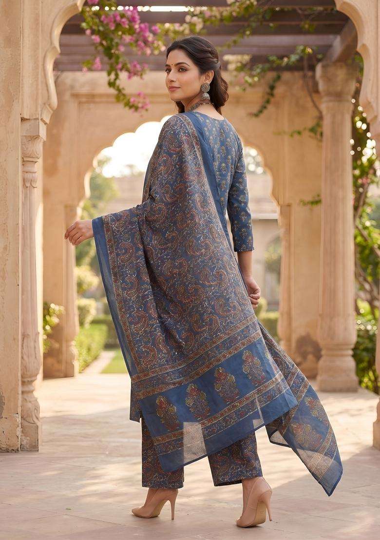 Blue Printed Cotton Kurta Set - Indya