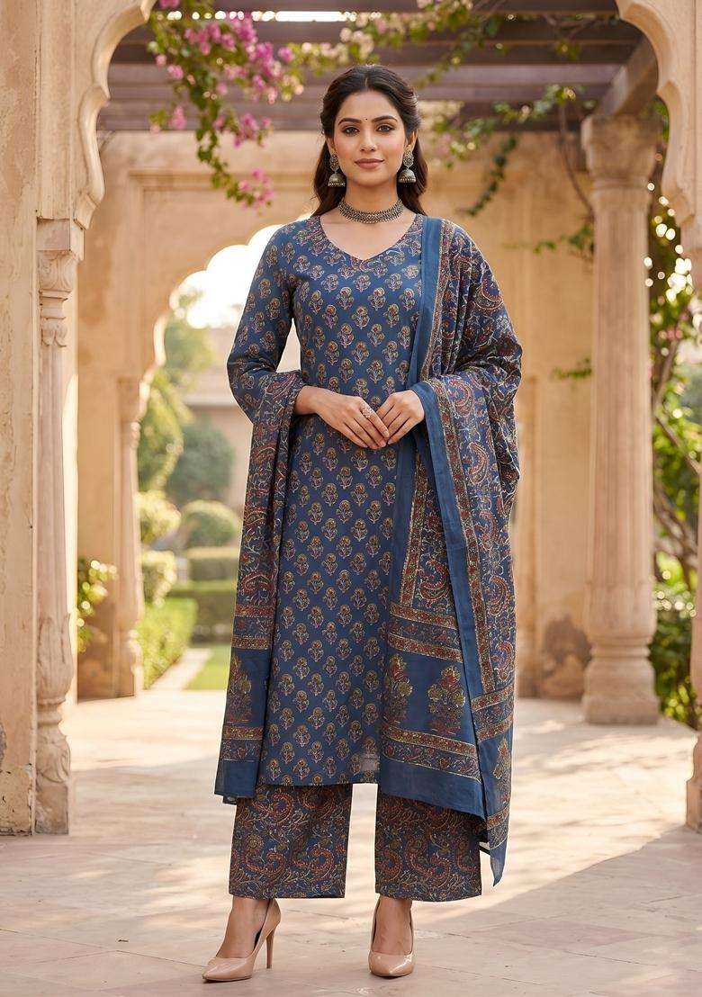 Blue Printed Cotton Kurta Set - Indya