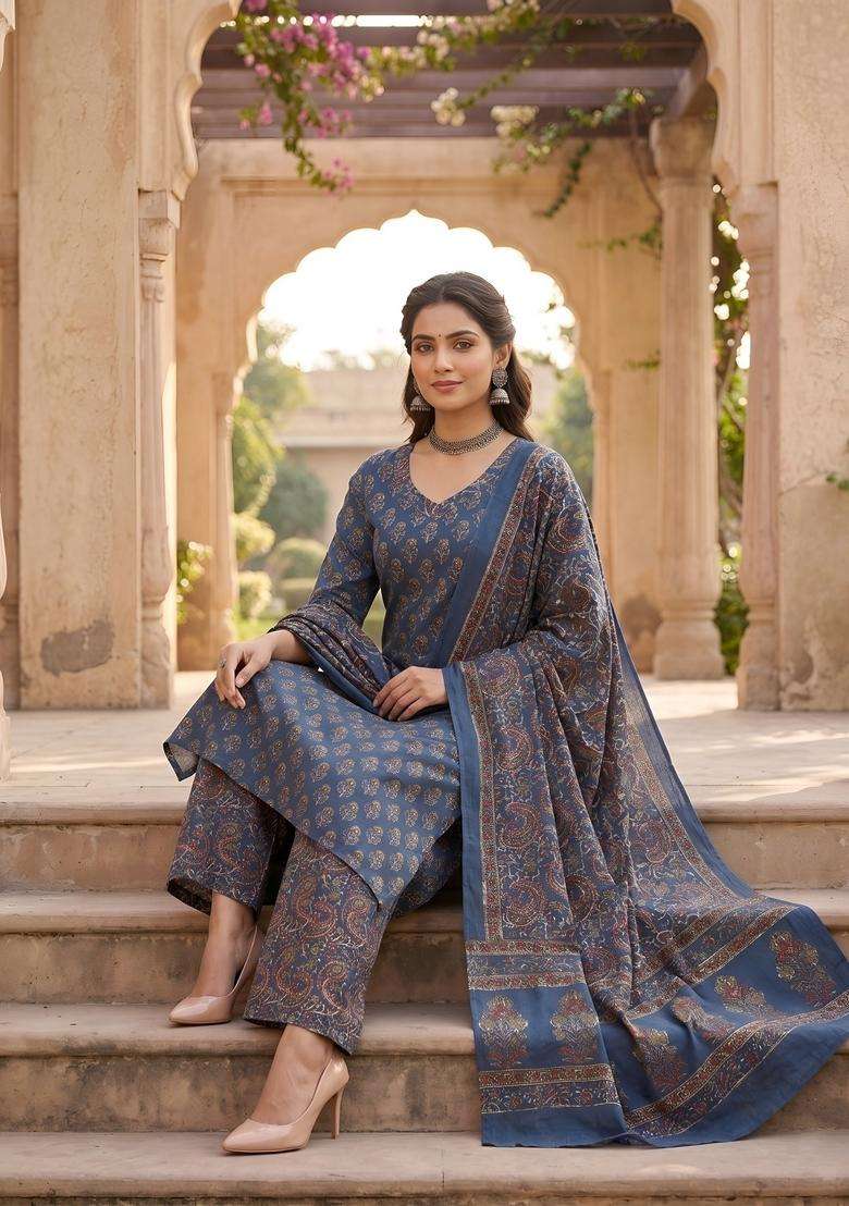 Blue Printed Cotton Kurta Set - Indya